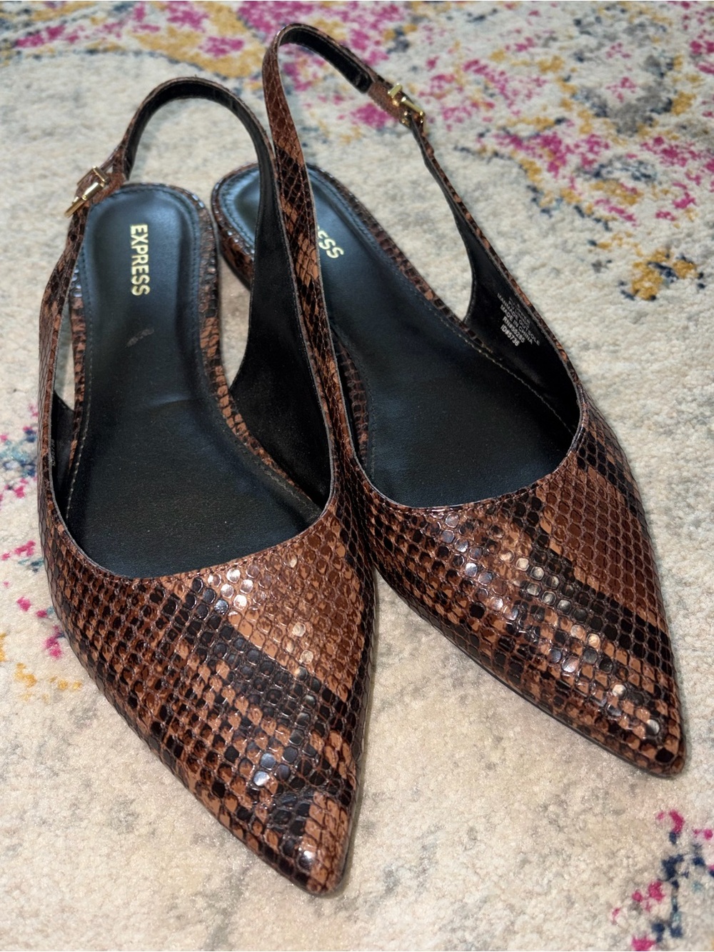 Express Brown Snake-Print Pointed-Toe Slingback Flats
